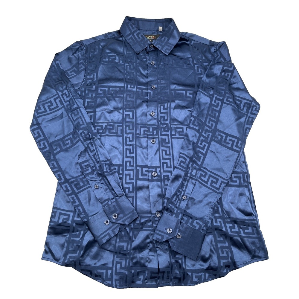 PAVINI by Rocco Ravalli Sz S Men's Satin Button-Up Shirt Blue‎ Geometric Pattern